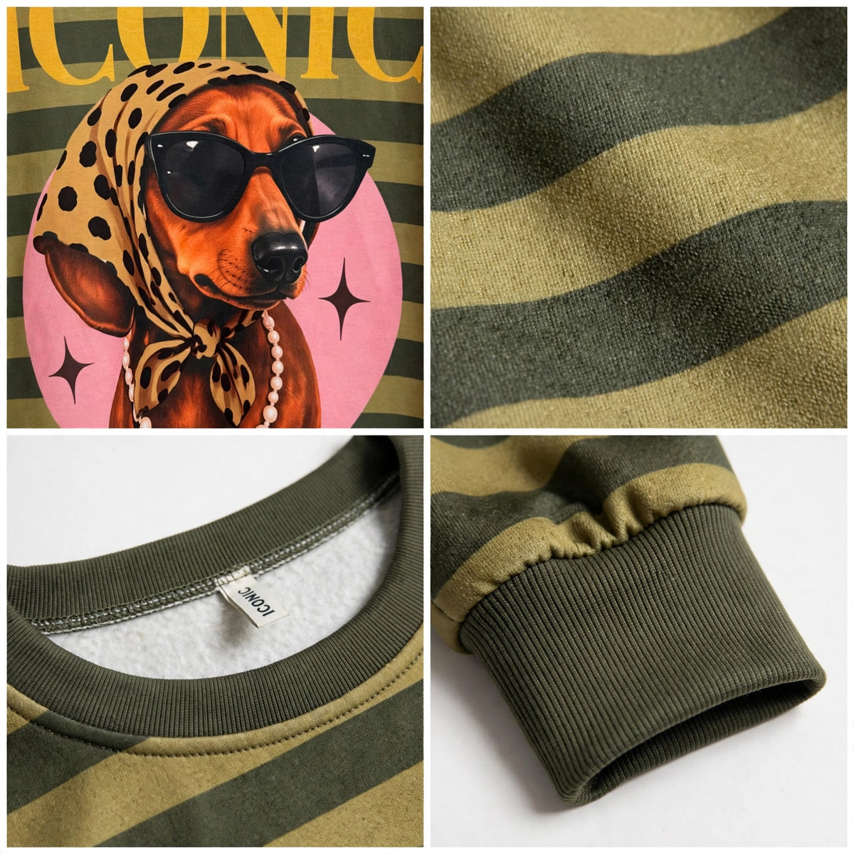 Sudadera las cucadas de erisa a rayas verdes con estampado de perro salchicha con gafas y pañuelo estilo retro