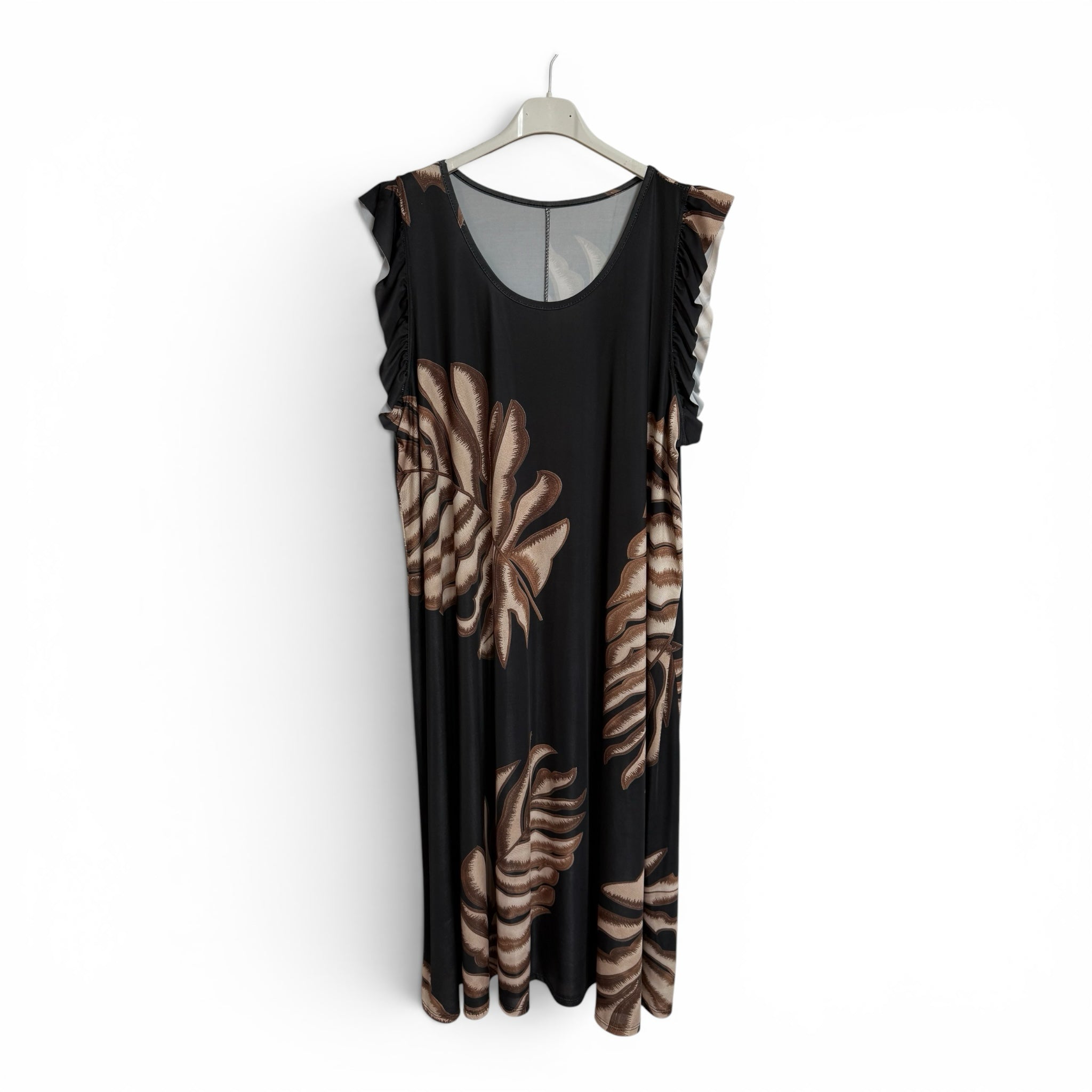 Vestido largo las cucadas de erisa negro con estampado de hojas en tonos tierra, escote redondo y volantes en mangas