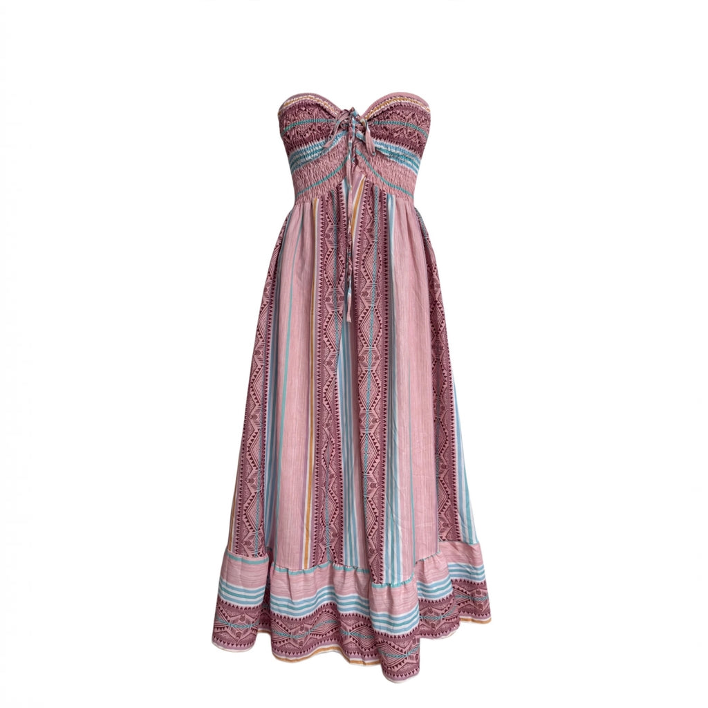 Vestido largo palabra de honor las cucadas de erisa con estampado étnico, rayas y cuerpo elástico nido de abeja.