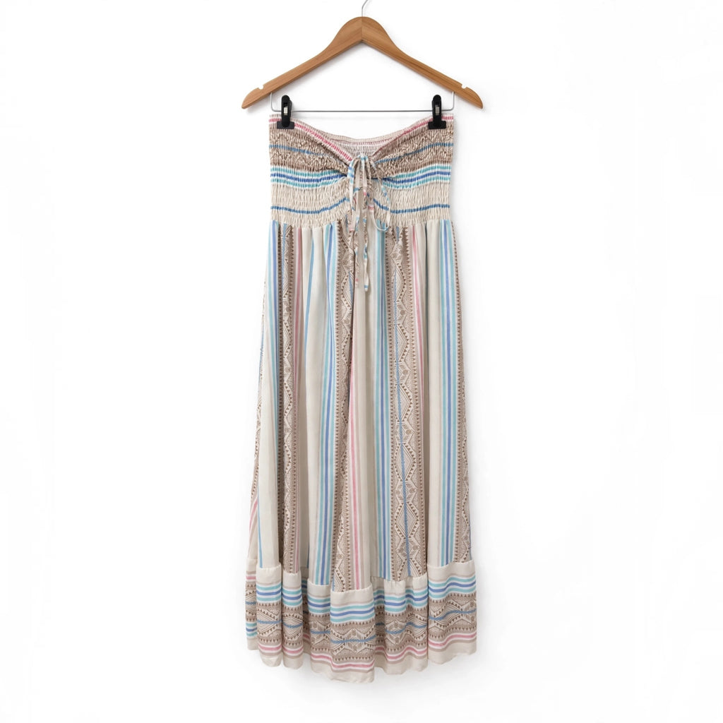 Vestido largo las cucadas de erisa palabra de honor con estampado étnico de rayas y cuerpo elástico tipo nido de abeja