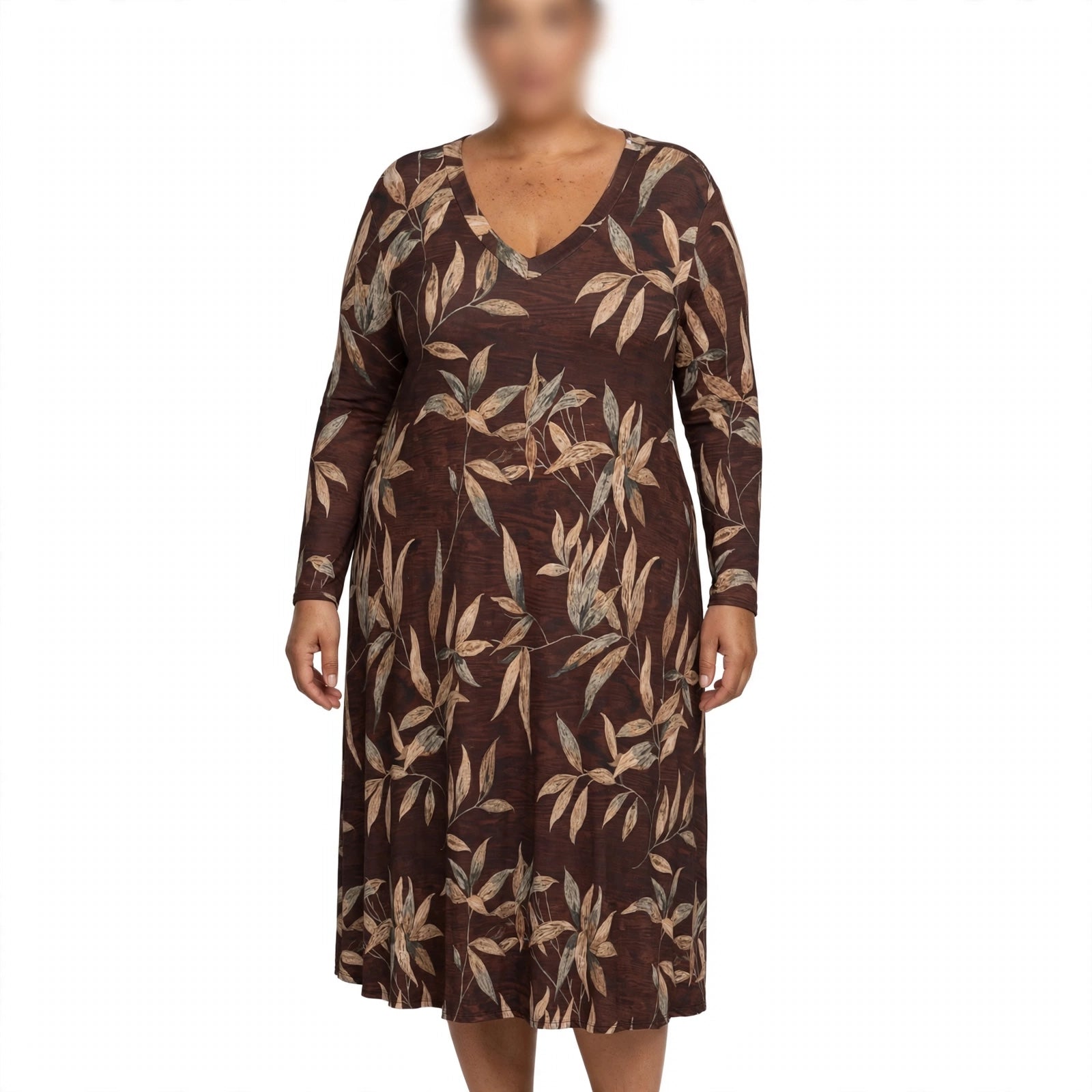 Vestido midi las cucadas de erisa marrón con estampado botánico, escote en V y mangas largas de tejido fluido.