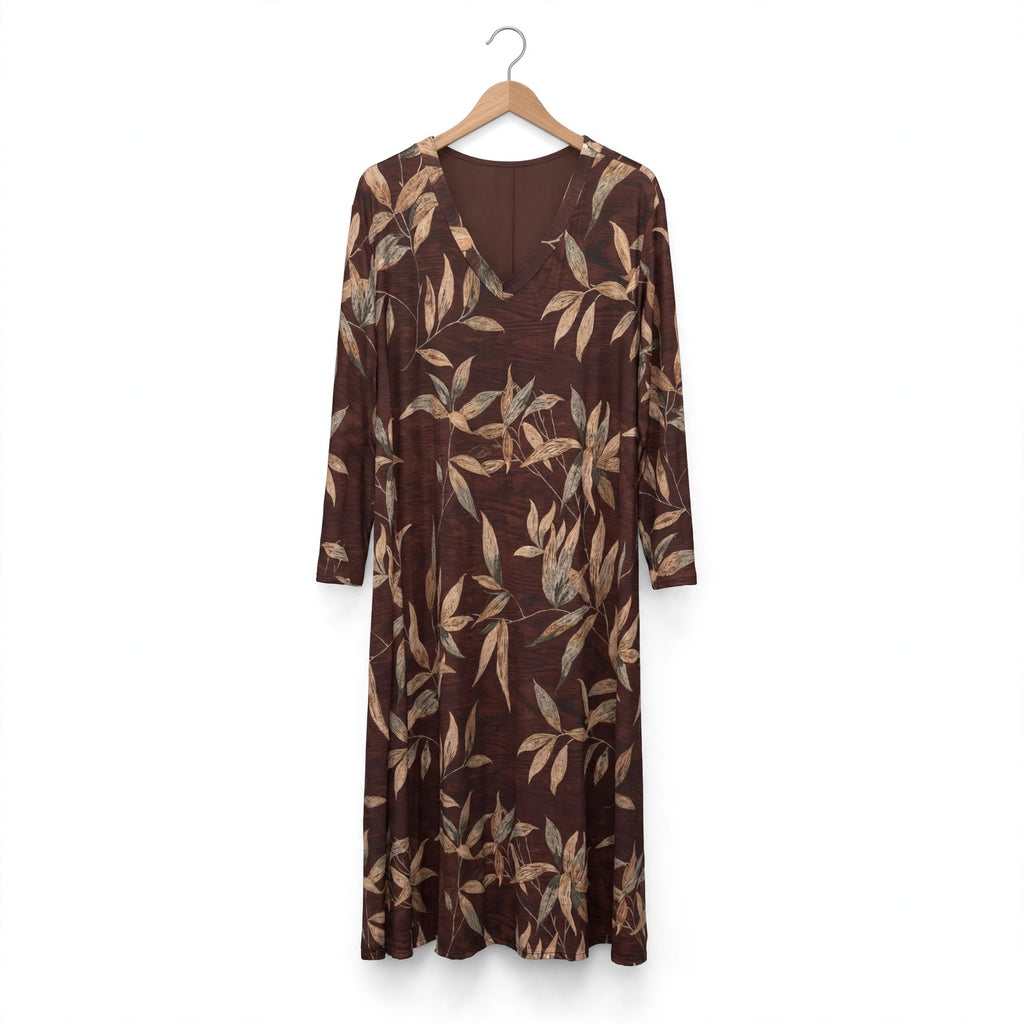 Vestido midi las cucadas de erisa marrón con estampado botánico de hojas, escote en V y mangas largas