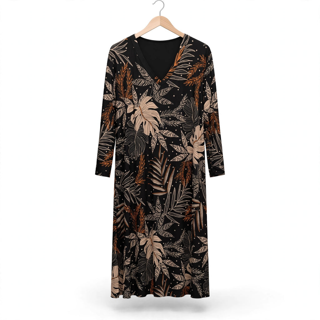 Vestido midi las cucadas de erisa de manga larga con estampado botánico en tonos tierra, beige y crema sobre fondo negro