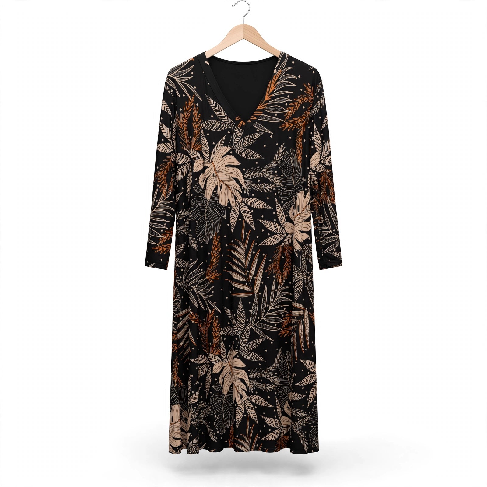Vestido midi las cucadas de erisa de manga larga con estampado botánico en tonos tierra, beige y crema sobre fondo negro