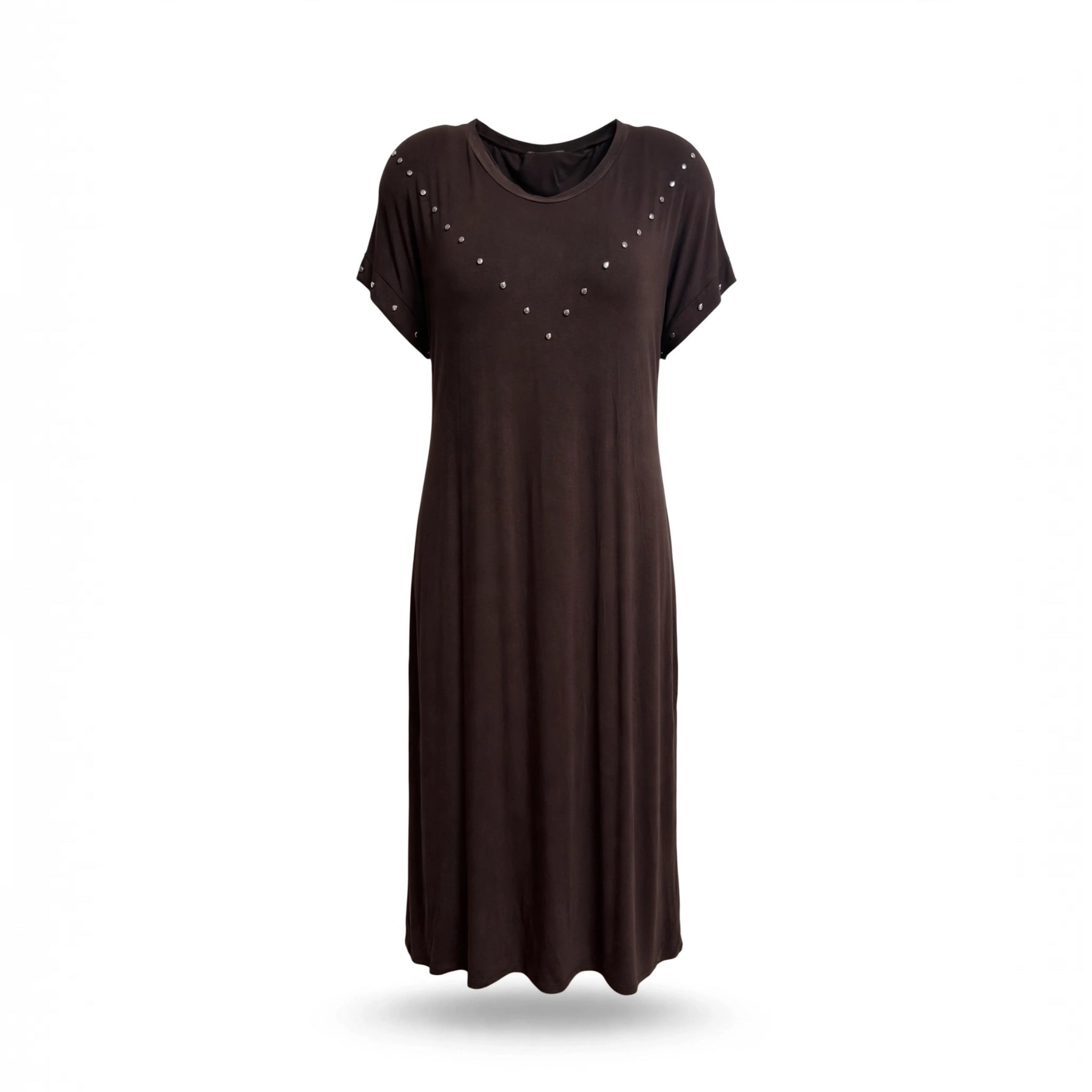 Vestido midi las cucadas de erisa en color marrón con tachuelas metálicas en forma de V y mangas cortas