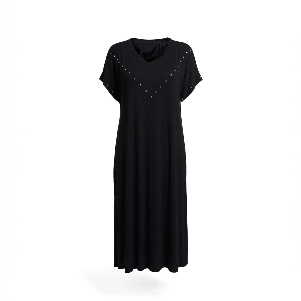 Vestido midi negro las cucadas de erisa de manga corta con tachuelas metálicas en forma de V en el pecho