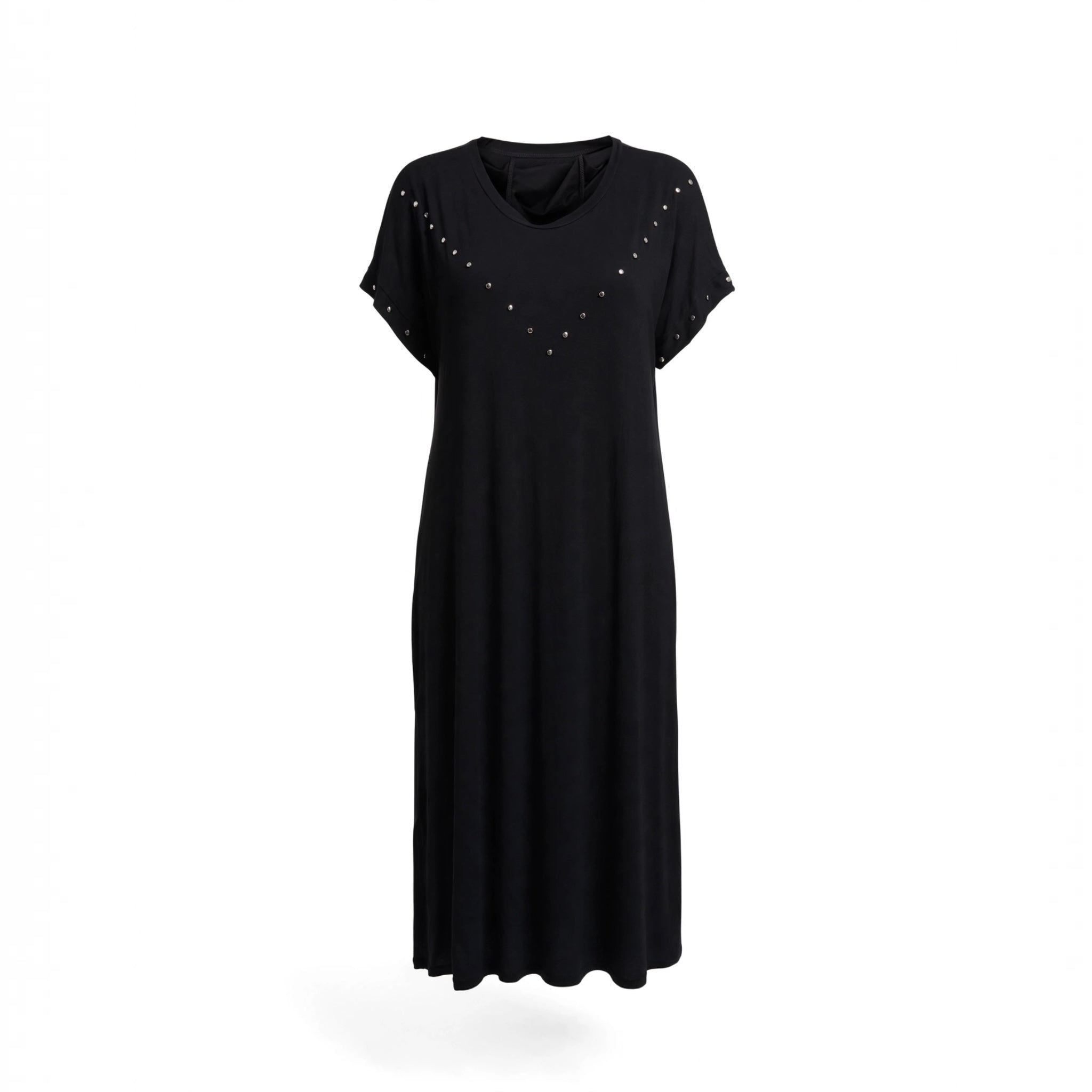 Vestido midi negro las cucadas de erisa de manga corta con tachuelas metálicas en forma de V en el pecho
