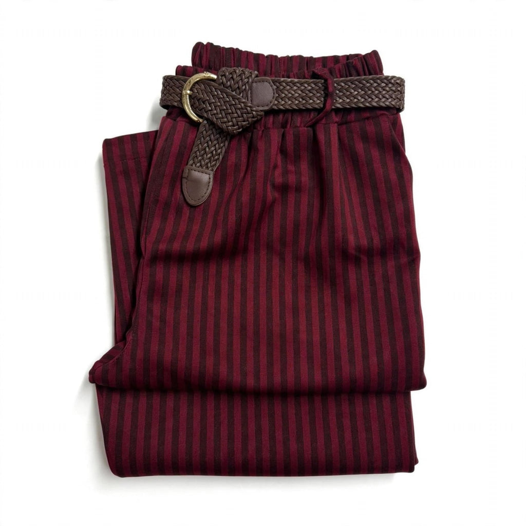 Pantalones burdeos de rayas con cinturón en talla grande - Las Cucadas
