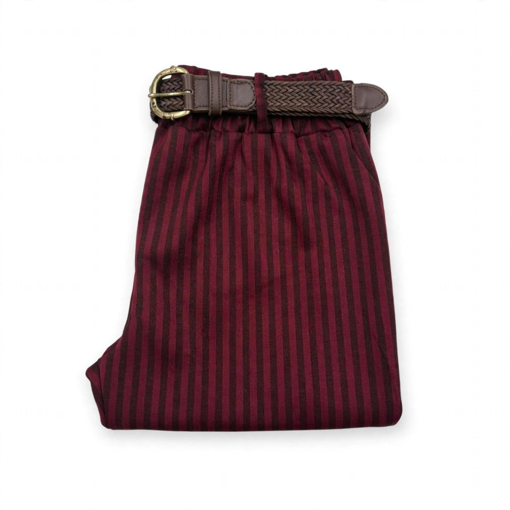 Pantalones burdeos de rayas con cinturón en talla grande - Las Cucadas
