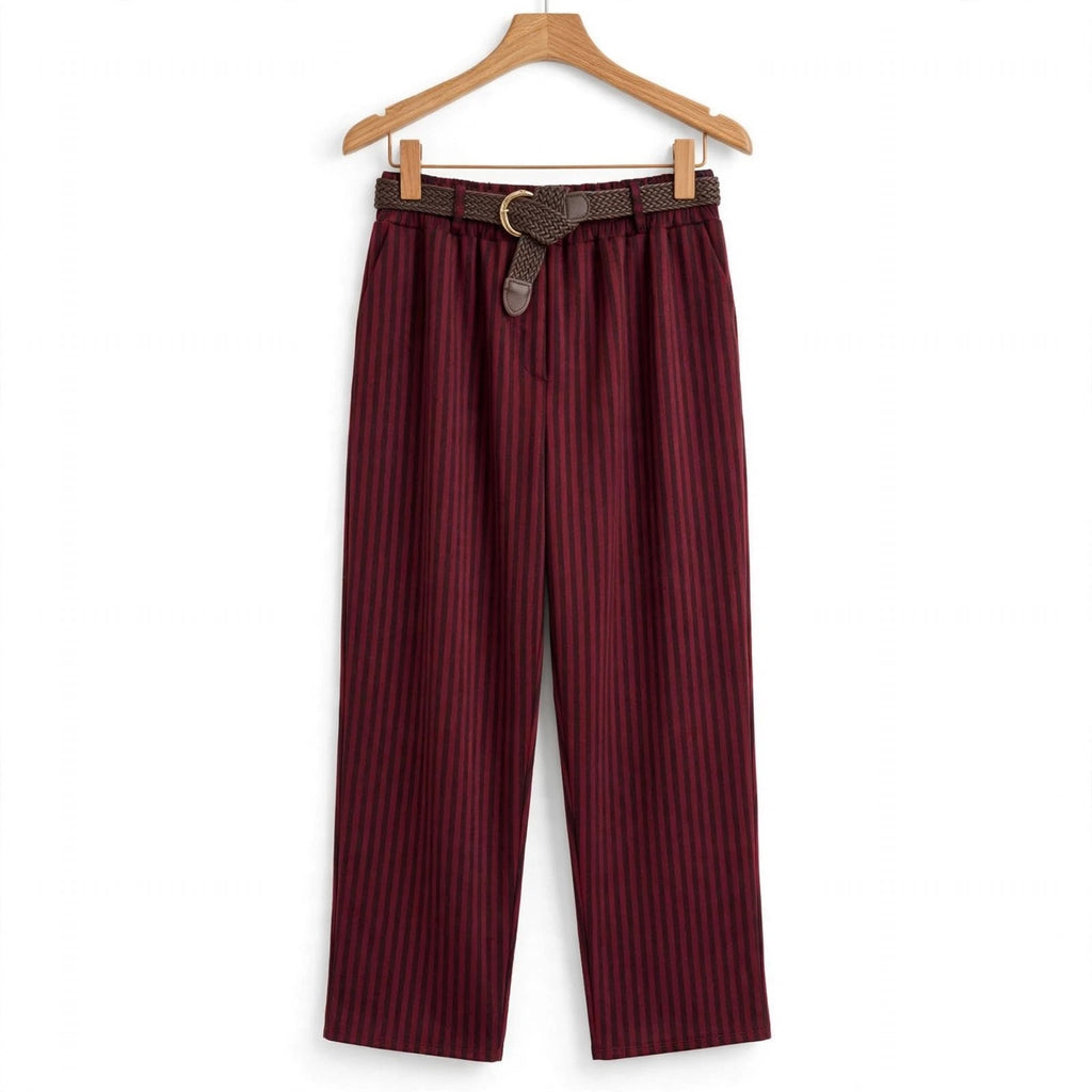Pantalones burdeos de rayas con cinturón en talla grande - Las Cucadas
