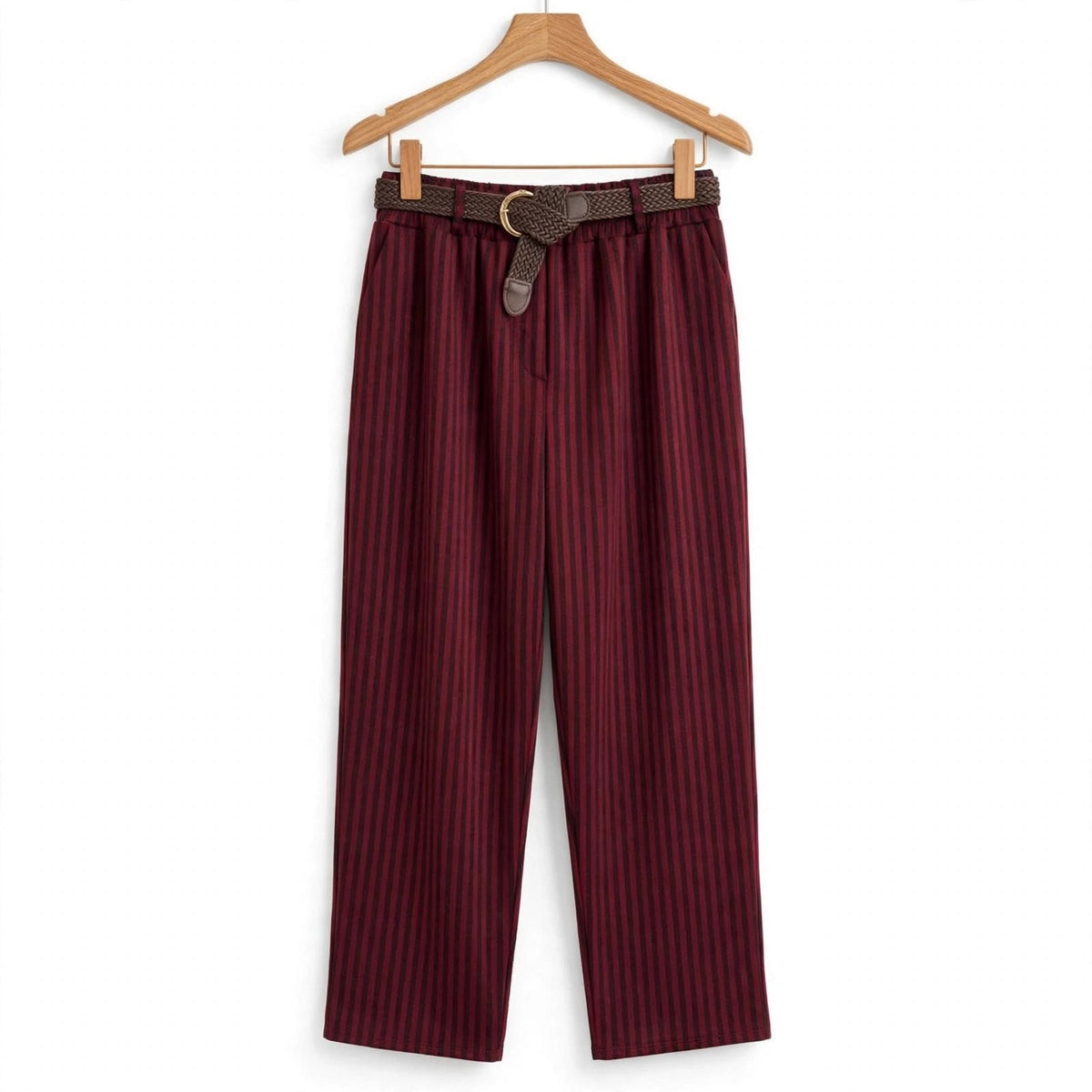 Pantalones burdeos de rayas con cinturón en talla grande - Las Cucadas