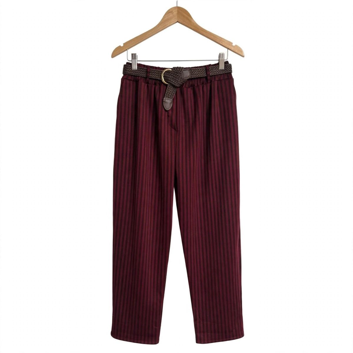 Pantalones burdeos de rayas con cinturón en talla grande - Las Cucadas