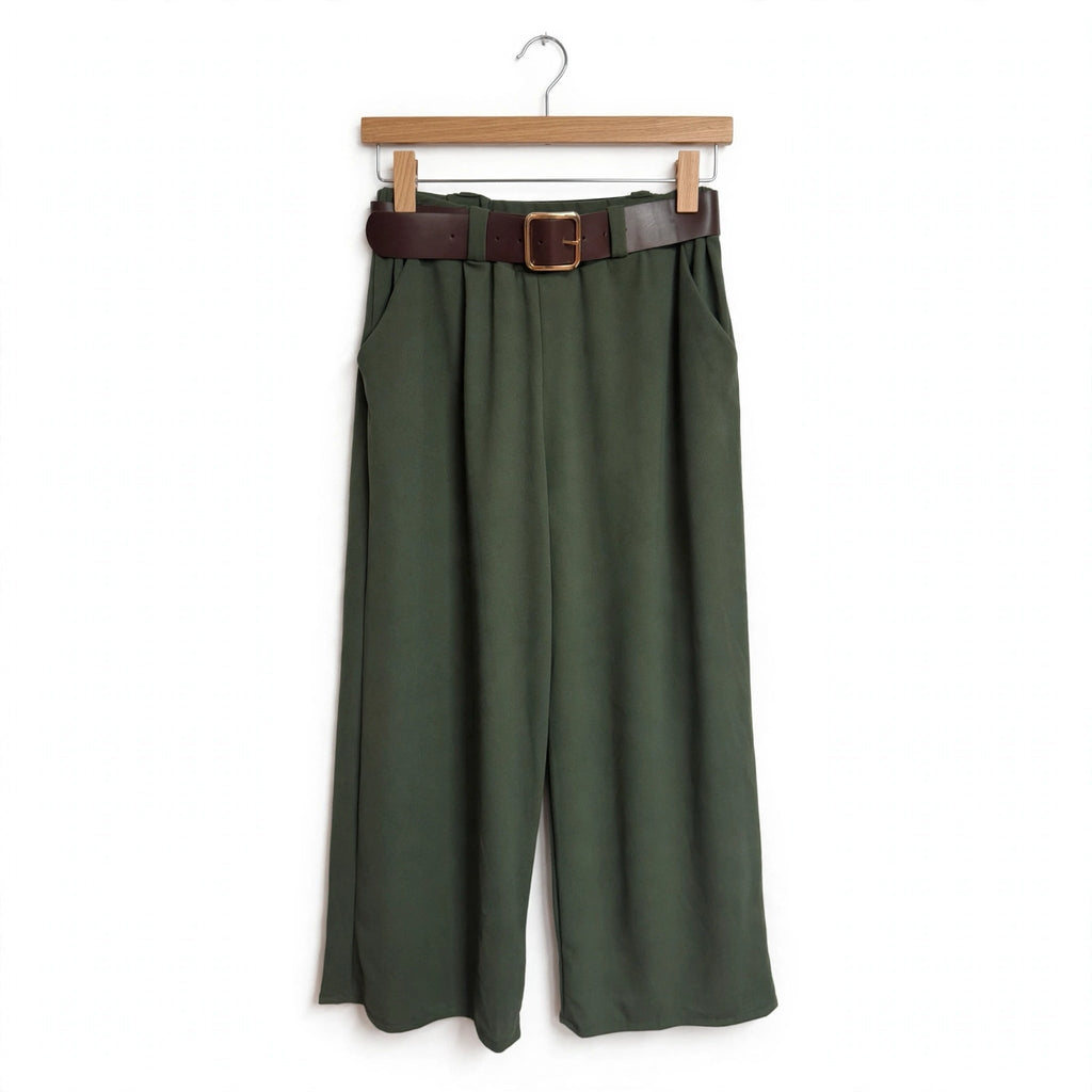 Pantalones De Corte Recto Con Cinturón Verde - Las Cucadas