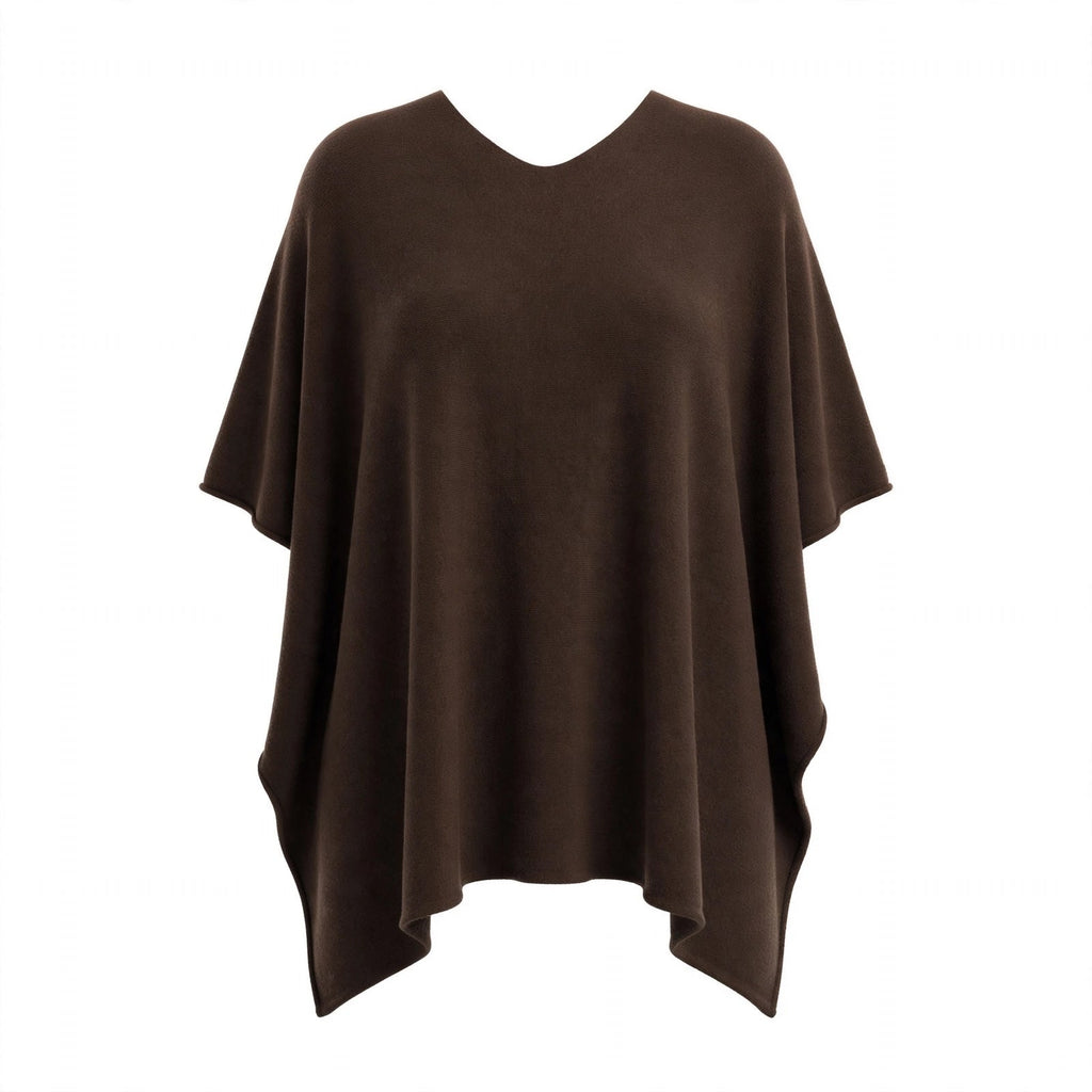 Poncho de punto curvy marrón chocolate con cuello en V - Las Cucadas