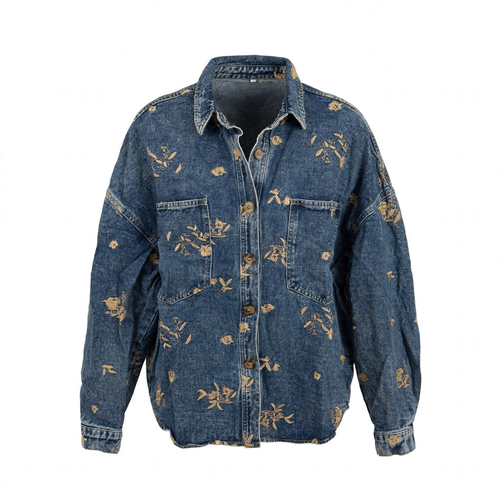 Sobrecamisa Vaquera Azul Lavado Bordado Floral Talla Grande - Las Cucadas