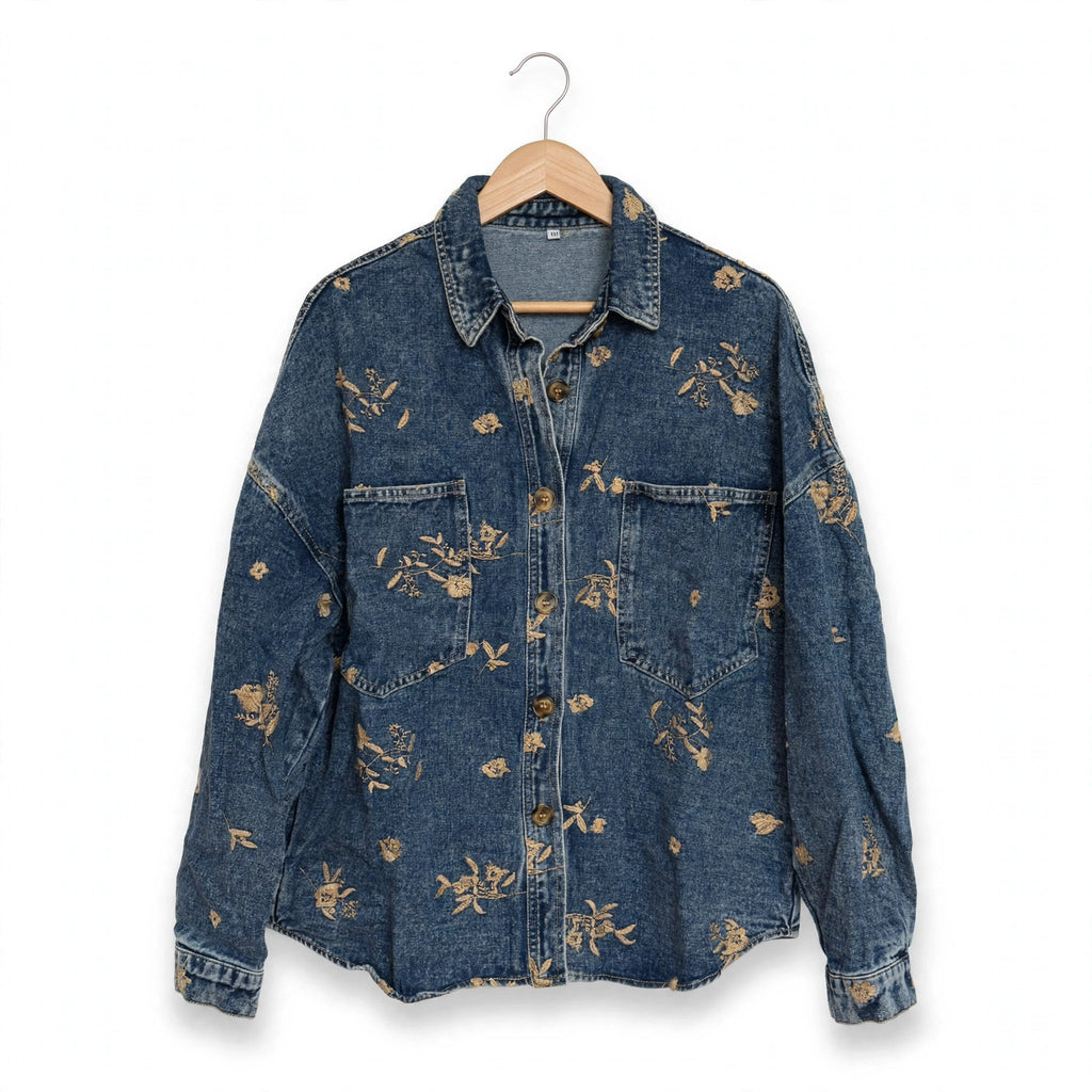 Sobrecamisa Vaquera Azul Lavado Bordado Floral Talla Grande - Las Cucadas