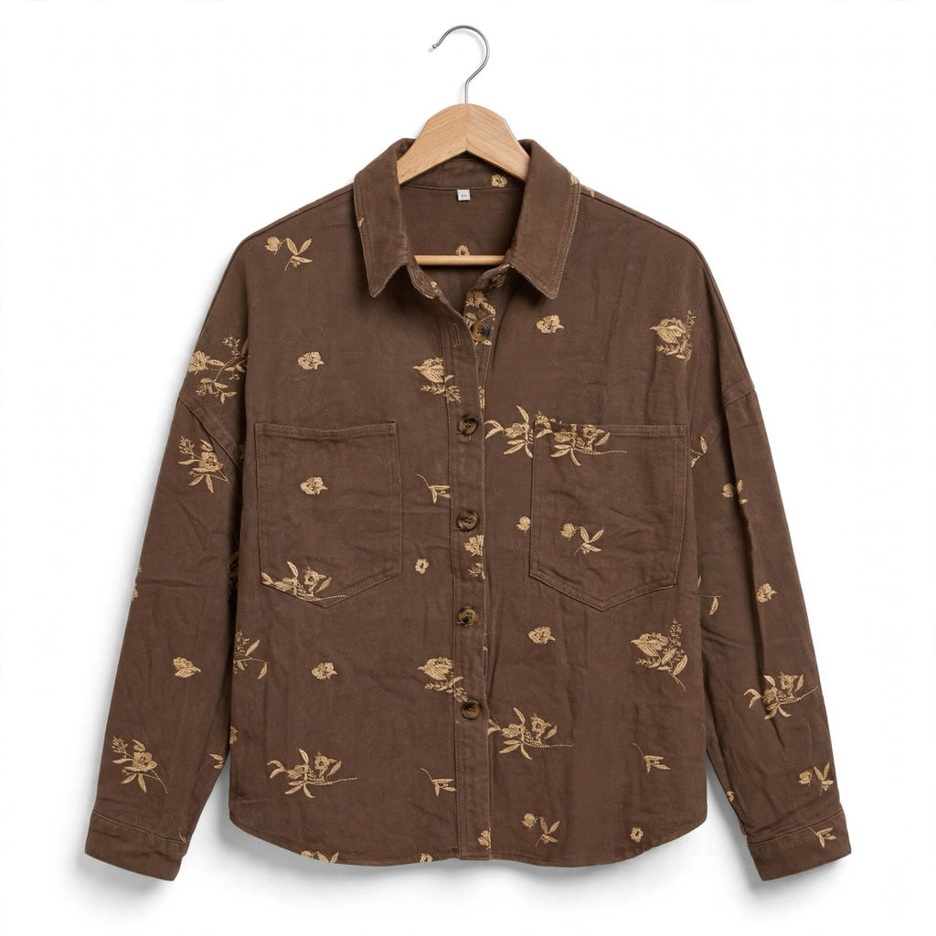 Sobrecamisa Vaquera Chocolate Bordado Floral Talla Grande - Las Cucadas